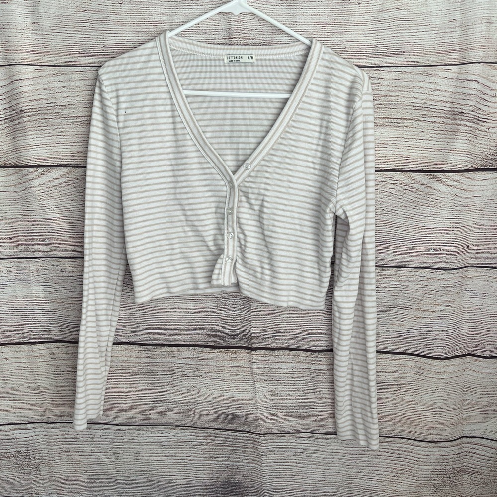 Cotton On striped tan& white long sleeve cover up sz M